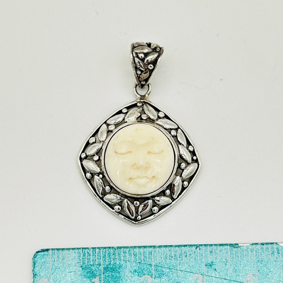 Water Buffalo Bone Moon Carved Face Pendant, 925 Sterling Silver - Picture 3 of 4